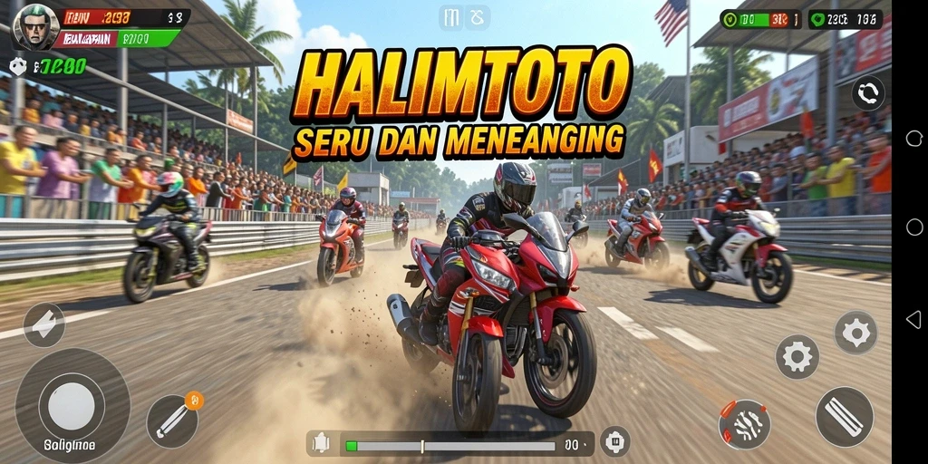 Screenshot gameplay HALIMTOTO dengan motor dan trek balapan yang menegangkan.
