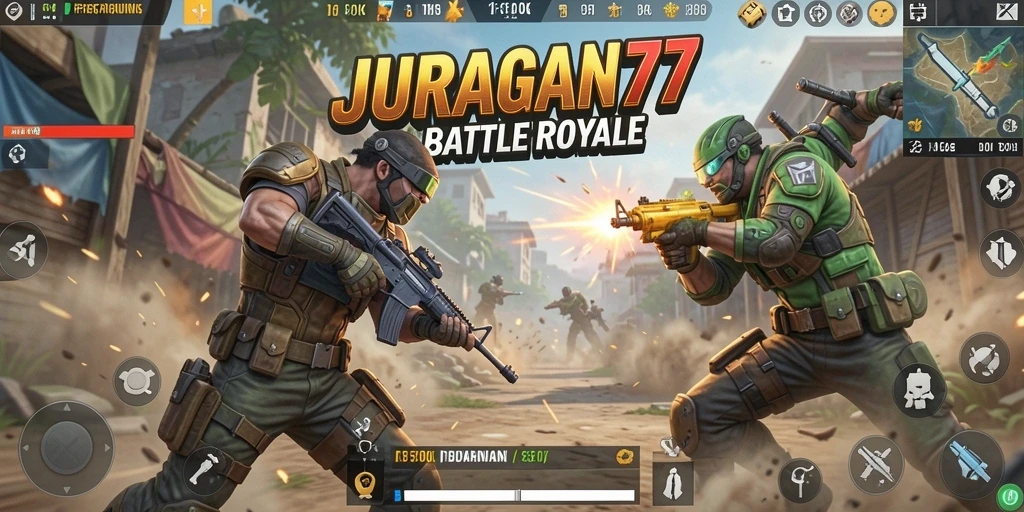 Screenshot menampilkan pertarungan seru dalam game Battle Royale JURAGAN77.