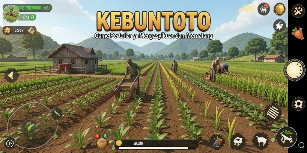 Tampilan gameplay KEBUNTOTO dengan aktivitas bertani yang seru.